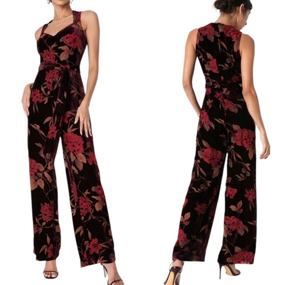 Lulu’s Truly Fabulous Burgundy Velvet Floral Burnout Wide Leg Jumpsuit Sz S NWT - Picture 1 of 11